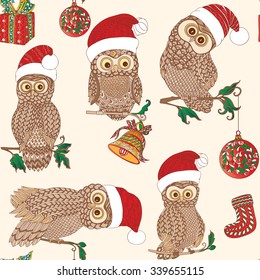 Seamless pattern with decorative owl in Santa Claus hat