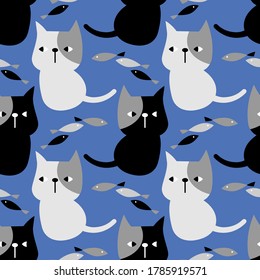 Seamless pattern. Decorative painted cats. Cute cartoon. Vector illustration for web design or print.