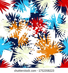Seamless pattern with decorative palm leaves with dots. On top of the drawing is a background of leaves. Vector illustration for web design or print.