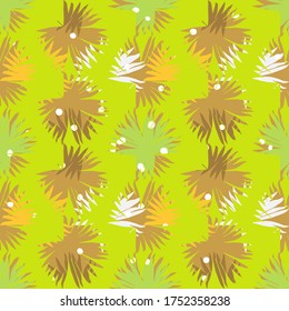 Patrón sin foco con hojas de palma decorativas con puntos. Encima del dibujo hay un fondo de hojas. Ilustración vectorial para diseño web o impresión.
