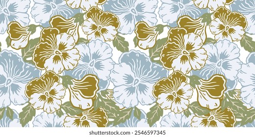 Padrão contínuo de pansies decorativas, fundo floral vetorial, têxtil, papel, tecido