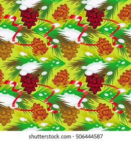 Seamless pattern with decorative pine cones. Cute holiday Christmas background. Vector clip art.