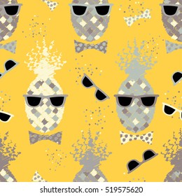Seamless pattern with decorative pineapples. Pineapple with glasses. Tropical fruits. Print. Repeating background. Cloth design, wallpaper.