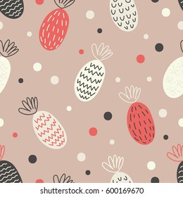 Seamless pattern with decorative pineapples. Tropical fruits. Print. Repeating background. Cloth design, wallpaper.