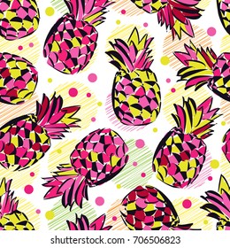 Seamless pattern with decorative pineapples. Tropical fruits. Textile rapport.
