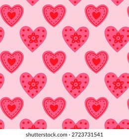 Padrão contínuo com corações decorativos cor-de-rosa sobre fundo macio. Design romântico bonito para artigos de papelaria Valentine, papel de embrulho, têxteis e projetos temáticos de amor.