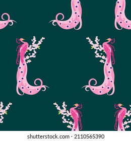 Seamless pattern of decorative pink peacocks on blossoming cherry tree branches