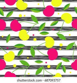 Seamless pattern with decorative pink and yellow cherries. Garden berries. Textile rapport.