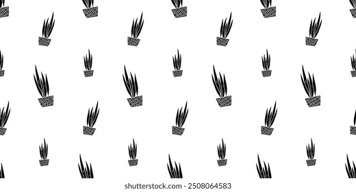 Seamless pattern with decorative plant in a wicker basket pot silhouette vector