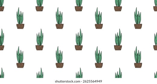 Modelo inconsútil con la planta decorativa en un Vector del doodle del pote de la cesta de mimbre