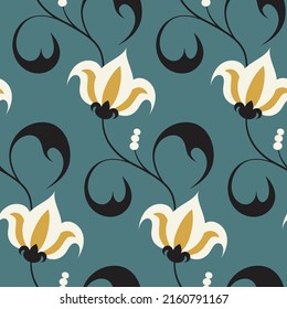 Seamless pattern with decorative plants in retro style. Elegant floral print, botanical background with wild flowers, leaves on thin stems. Vector illustration.