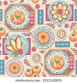 Seamless pattern with decorative plates with delicious pumpkin soup and garlic bread on a beige background. Rustic cottage core repeated surface vector design.