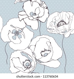 Seamless pattern with decorative poppy flowers on grey background. Vector illustration