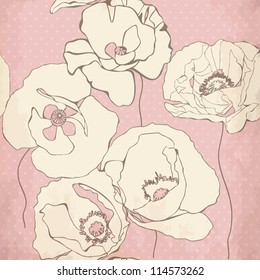 Seamless pattern with decorative poppy flowers on grey background. Vintage vector illustration.