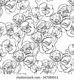 Seamless pattern with decorative poppy flowers isolated on white background. Vintage vector illustration.