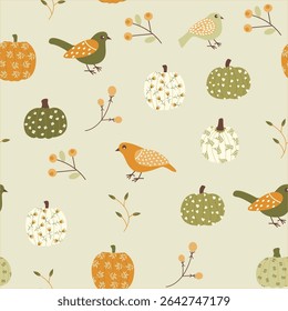 Seamless pattern with decorative pumpkins, flowers and birds. A pattern for halloween celebration. Vector pattern
