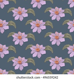 Seamless pattern with decorative purple-orange flowers and leaves on turquoise background