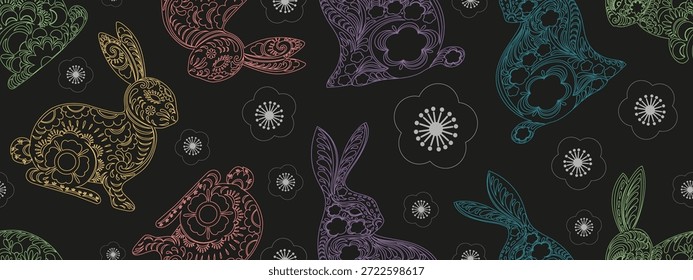 Seamless pattern of decorative rabbits and floral line art on black background.Vector for Chinese New Year,Easter,Mid Autumn Festival,Spring themes,Traditional art,Lunar New Year celebration design