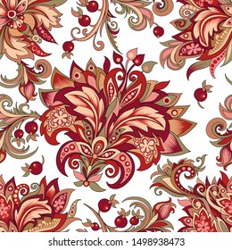 seamless pattern of decorative red flowers in indian style on a white background, vector colored ornament with red berries and flowers for design
