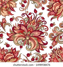 seamless pattern of decorative red flowers in indian style on a white background, vector colored ornament with red berries and flowers for design
