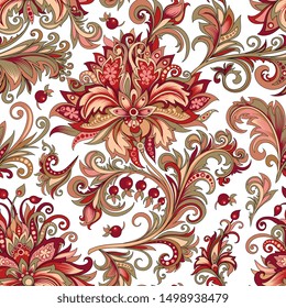 seamless pattern of decorative red flowers in indian style on a white background, vector colored ornament with red berries and flowers for design
