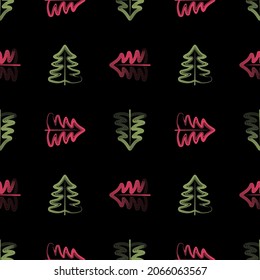 Seamless pattern of decorative red and green christmas trees