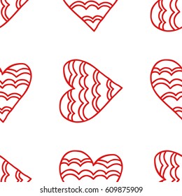 Seamless pattern of decorative red hearts, romantic background.