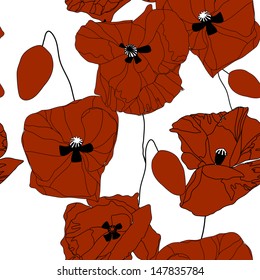 Seamless pattern with decorative red poppy flowers. Abstract vector illustration