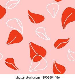 Seamless pattern with decorative red rose petal silhouette on pink background for Valentines Day package paper design. Vector stock illustration.