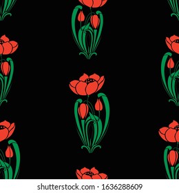 Seamless pattern of decorative red tulips with buds