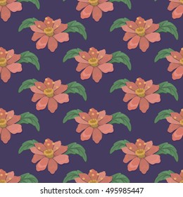Seamless pattern with decorative red-orange flowers and leaves on blue background