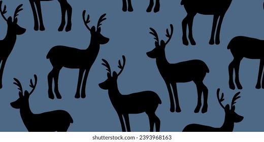 Seamless pattern of decorative  reindeer. Hand drawn holiday symbol, deer silhouette. 