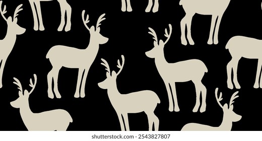 Seamless pattern of decorative reindeer. Hand drawn holiday symbol, deer silhouette.
