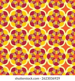 A seamless pattern of decorative repeating floral shapes in red, yellow and orange colors.