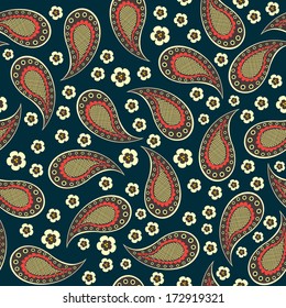 Seamless pattern of decorative retro cucumbers and flowers on a dark background.Vector 