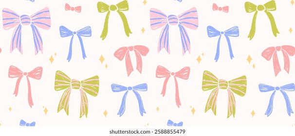 Seamless pattern with decorative ribbon bows and sparkles. Crayon texture. Hand drawn festive wallpaper in pastel shades. Cute and stylish design for fabric, background, gift wrapping, prints.