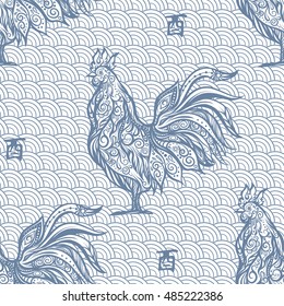  Seamless pattern with decorative Rooster in chinese style. Chinese New Year Symbol of 2017.
 Vector illustration.