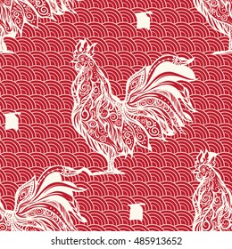  Seamless pattern with decorative Rooster in chinese style. Chinese New Year Symbol of 2017 New Year.
 Vector illustration.