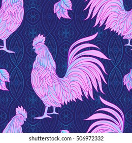 Seamless pattern with decorative Rooster. Chinese New Year Symbol of 2017 New Year. In neon colors
 Vector illustration.