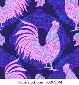 Seamless pattern with decorative Rooster. Chinese New Year Symbol of 2017 New Year. In neon colors
 Vector illustration.