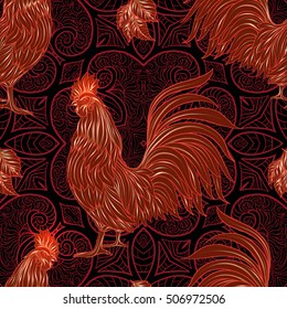 Seamless pattern with decorative Rooster. Chinese New Year Symbol of 2017 New Year. In red and gold colors on black 