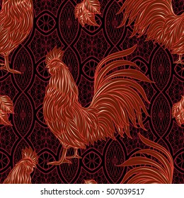 Seamless pattern with decorative Rooster. Chinese New Year Symbol of 2017 New Year. In red and gold colors on black background.
 Vector illustration.