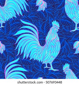 Seamless pattern with decorative Rooster. Chinese New Year Symbol of 2017 New Year. In neon colors
 Vector illustration.