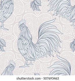 Seamless pattern with decorative Rooster. Chinese New Year Symbol of 2017 New Year.
 Vector illustration.