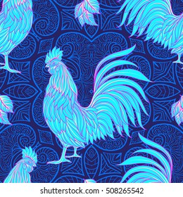 Seamless pattern with decorative Rooster. Chinese New Year Symbol of 2017 New Year. In neon colors
 Vector illustration.