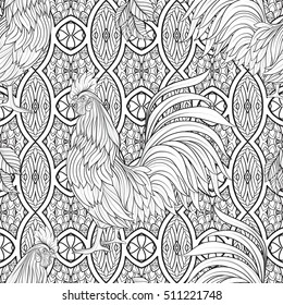  Seamless pattern with decorative Rooster. Chinese New Year Symbol of 2017 New Year. Vector illustration. Outline drawing.