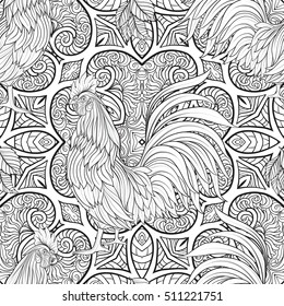  Seamless pattern with decorative Rooster. Chinese New Year Symbol of 2017 New Year.
 Vector illustration. Outline drawing.