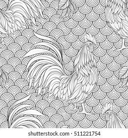  Seamless pattern with decorative Rooster. Chinese New Year Symbol of 2017 New Year.
 Vector illustration. Outline drawing.
