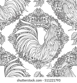  Seamless pattern with decorative Rooster. Chinese New Year Symbol of 2017 New Year.
 Vector illustration. Outline drawing.