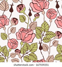 Seamless pattern with decorative roses flowers in delicate colors.Vector background